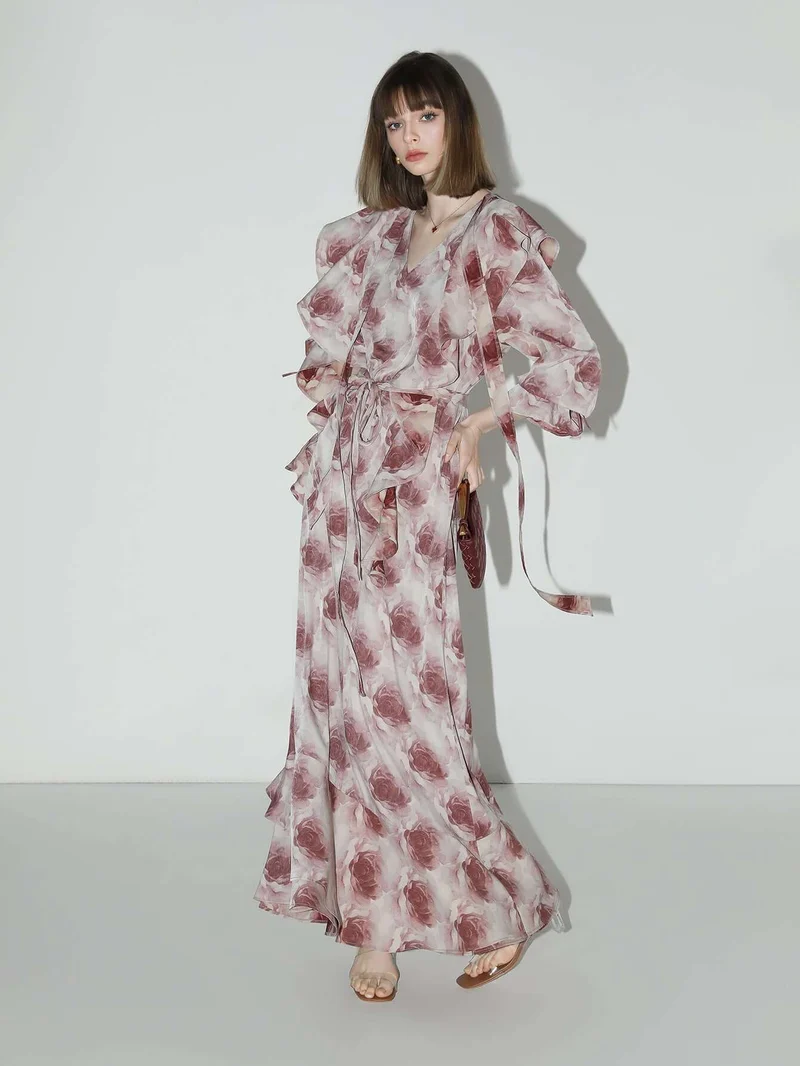 Old Rose Floral Ruffled Maxi Dress