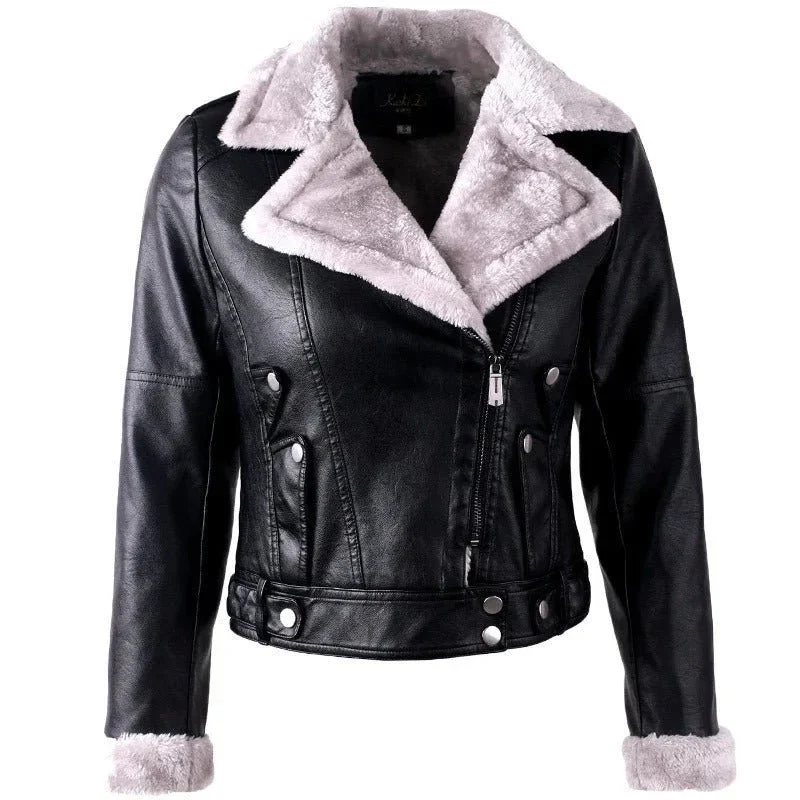PU Leather & Velvet Jacket For Women