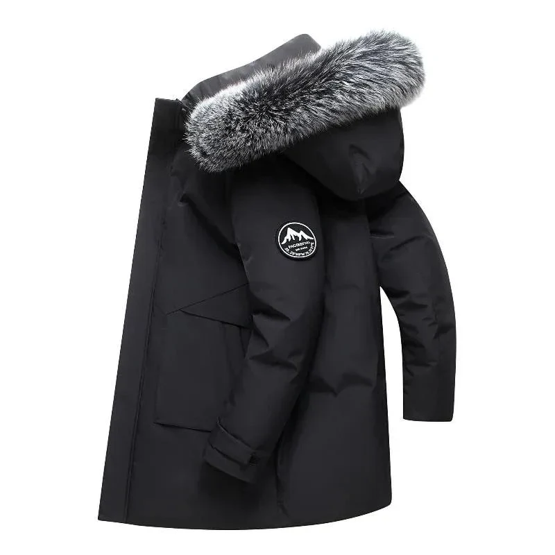 Men's Hooded Mid-Length Down Stuffed Warm Cold-Resistant Winter Jacket