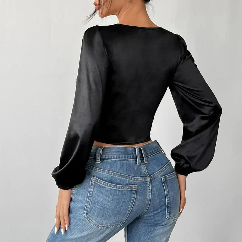 See-Through Mesh Patchwork Lace Chest Cotton Long-Sleeved Top