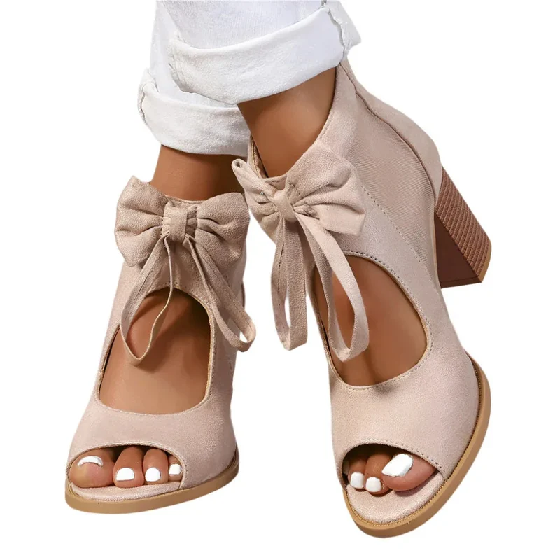 Chunky High Heels Women's Sandals Bow Decoration Open Toe Block Ankle Strap Shoes