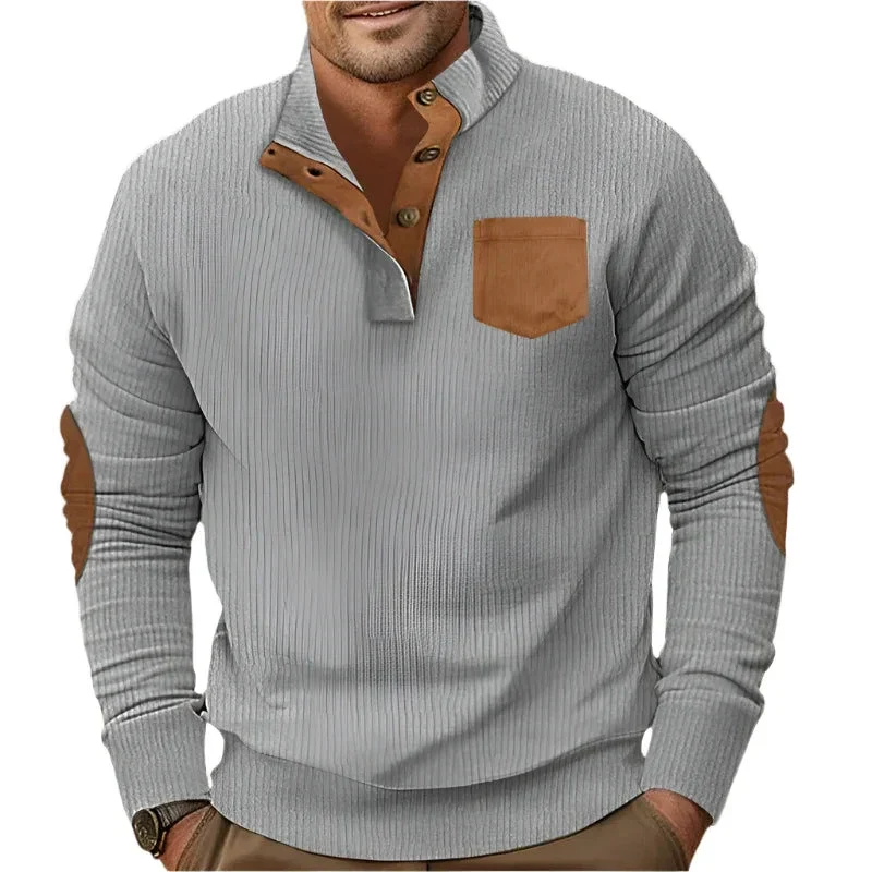 Buttoned Standing Collar Men's Sweater With Chest Pocket