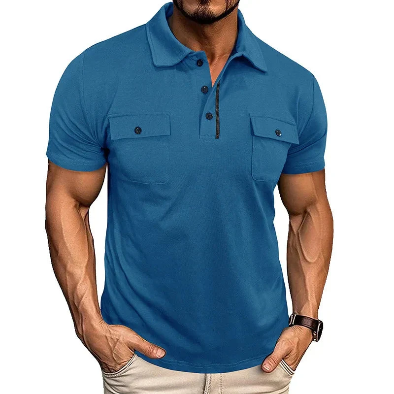 Summer Lapel Button Polo Shirt With Chest Pockets Outdoor Fashion Short Sleeve Tops For Men Clothing