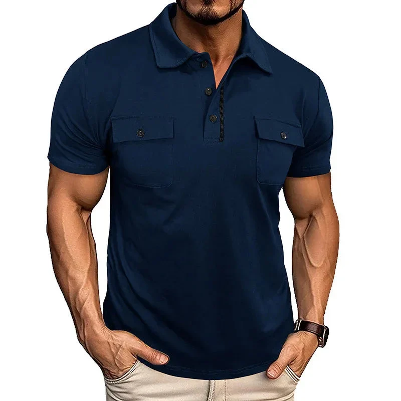 Summer Lapel Button Polo Shirt With Chest Pockets Outdoor Fashion Short Sleeve Tops For Men Clothing