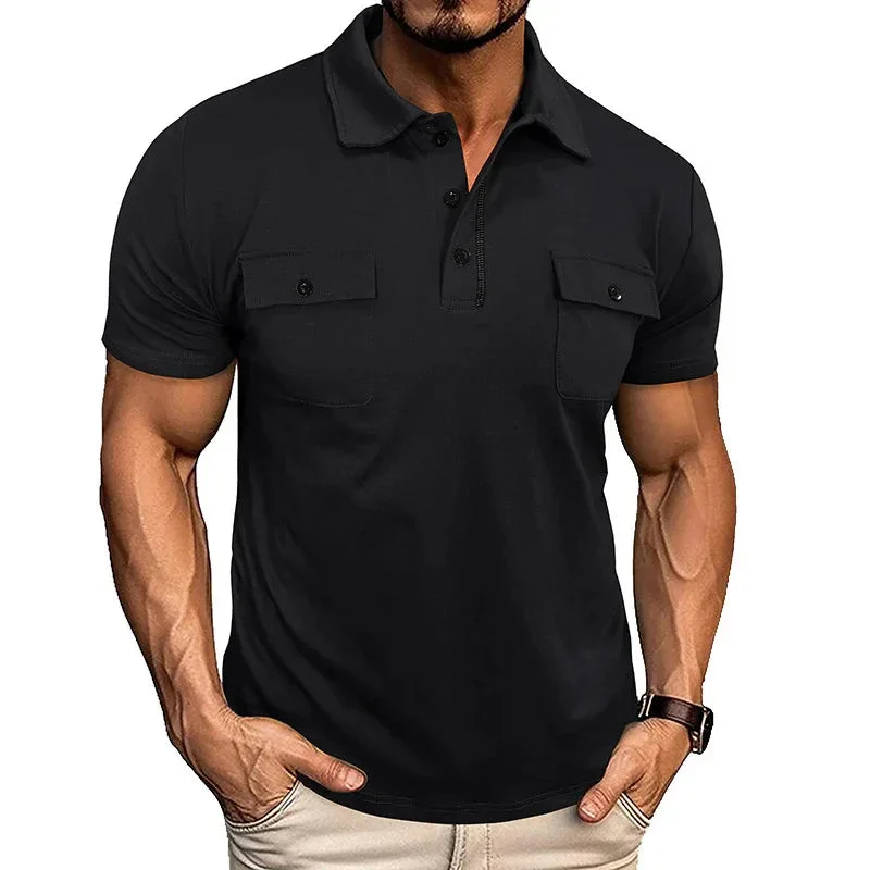 Summer Lapel Button Polo Shirt With Chest Pockets Outdoor Fashion Short Sleeve Tops For Men Clothing