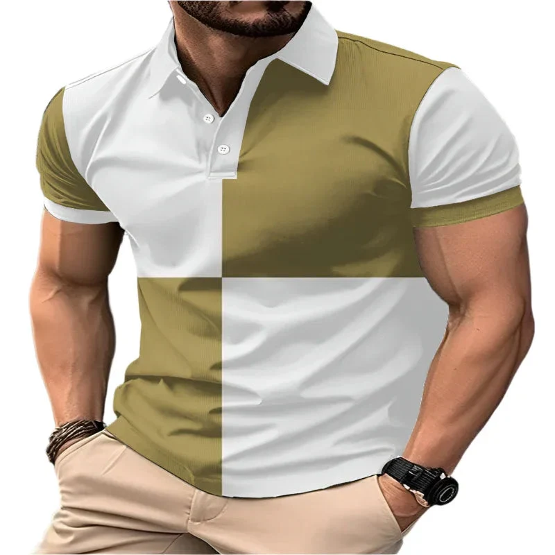 Casual Sports Short Sleeve Color Stitching Turnover Neck Polo Shirt Men Clothing