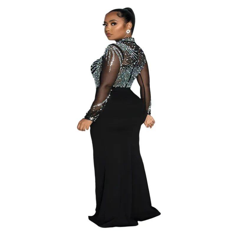 Women's Rhinestone Pearl See-Through Waist-Tight Stretch Split Dress