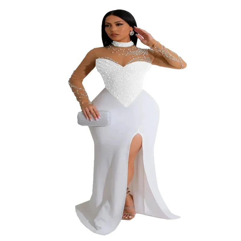 Women's Rhinestone Pearl See-Through Waist-Tight Stretch Split Dress