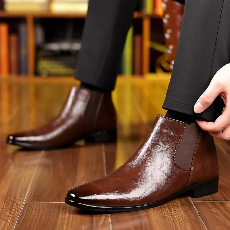 Leather Boots Breathable Lychee Pattern High-Top Shoes