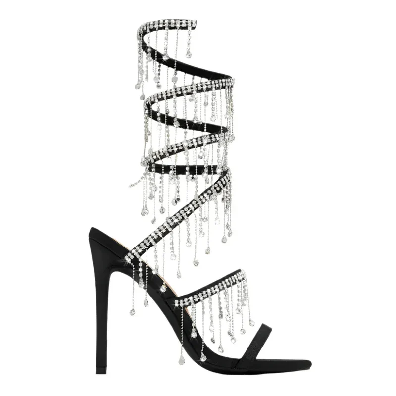 11cm Stiletto Heel Small Round Toe Satin Surface Rhinestone High-Heeled Sandals Summer Rivet