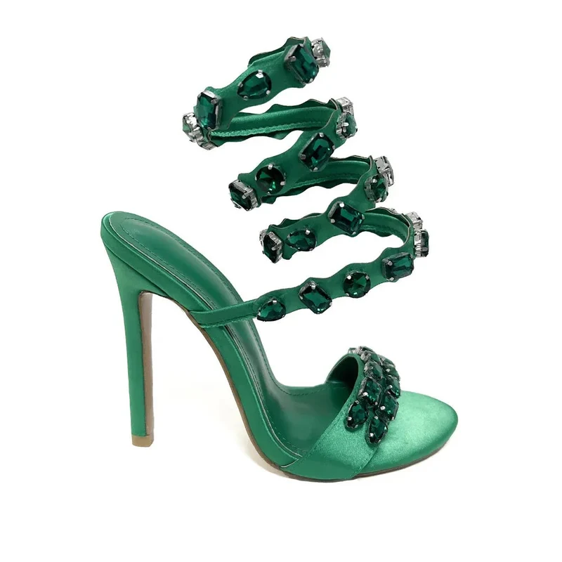 11cm Stiletto Heel Small Round Toe Satin Surface Rhinestone High-Heeled Sandals Summer Rivet
