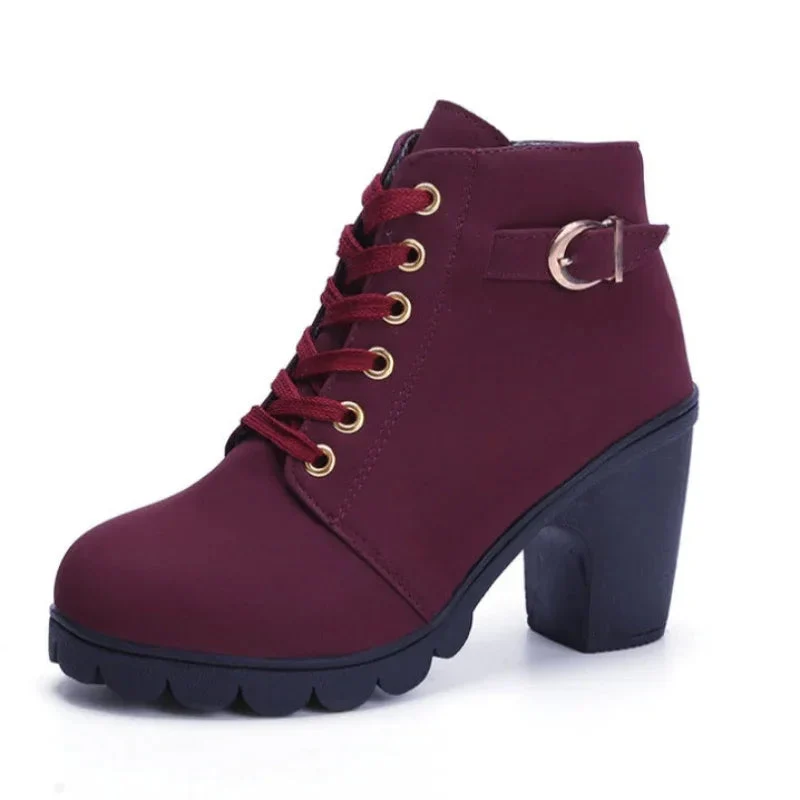 Spring Women's Boots High Quality Solid Lace-Up European Ladies Shoes With High Heels