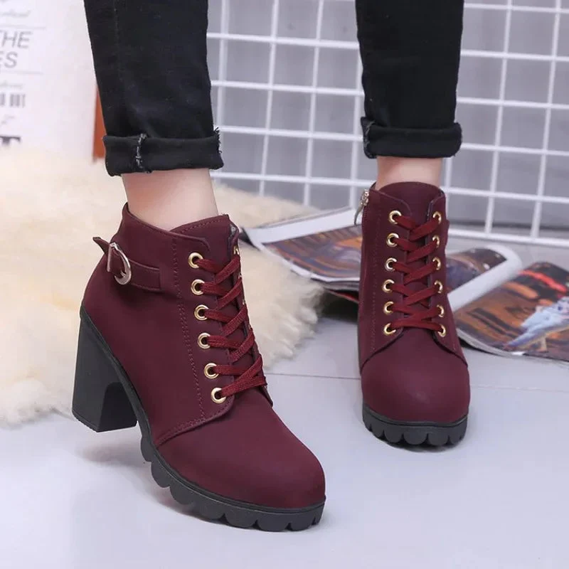 Spring Women's Boots High Quality Solid Lace-Up European Ladies Shoes With High Heels