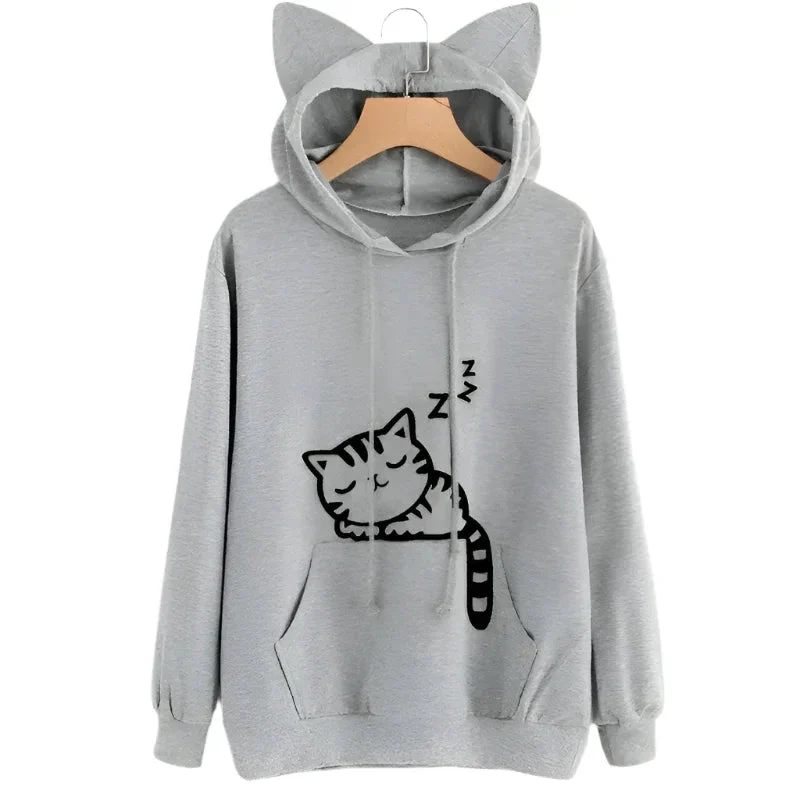 Female Women Casual Hoodies Sweater Long Sleeve Cute Ears Printed Hoodies Tracksuit Outerwear Sweatshirt