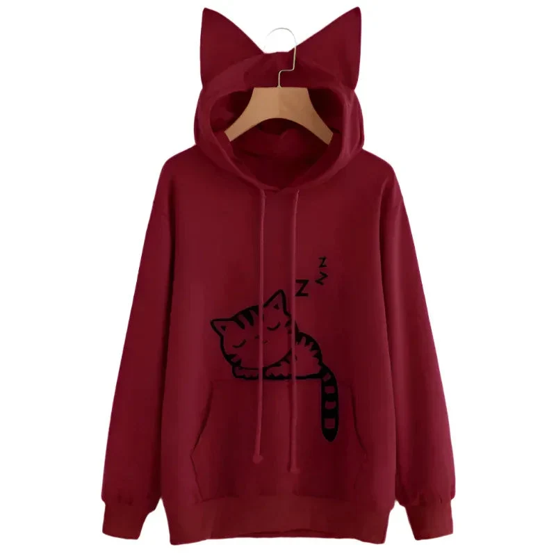 Female Women Casual Hoodies Sweater Long Sleeve Cute Ears Printed Hoodies Tracksuit Outerwear Sweatshirt