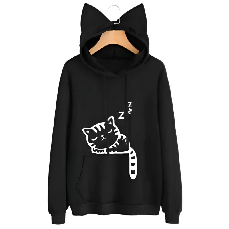 Female Women Casual Hoodies Sweater Long Sleeve Cute Ears Printed Hoodies Tracksuit Outerwear Sweatshirt