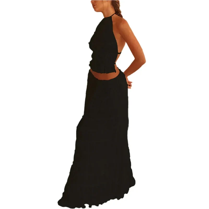 Women's Long Dress & Sleeveless Backless Top 2pcs Clothing Set