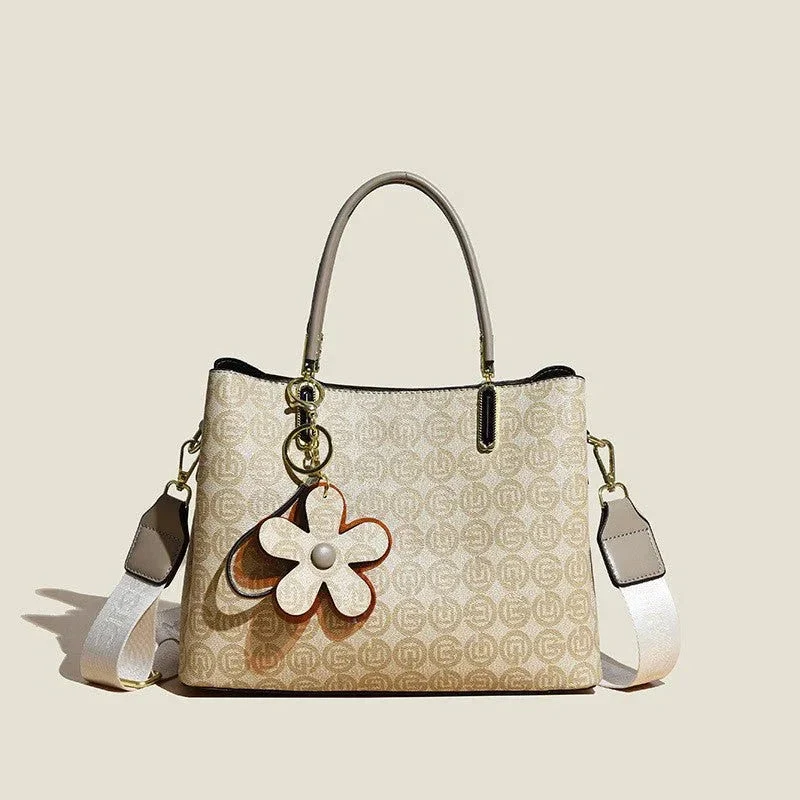 Women's PU Leather Handbag With Flower Pendant & Removable Shoulder Strap