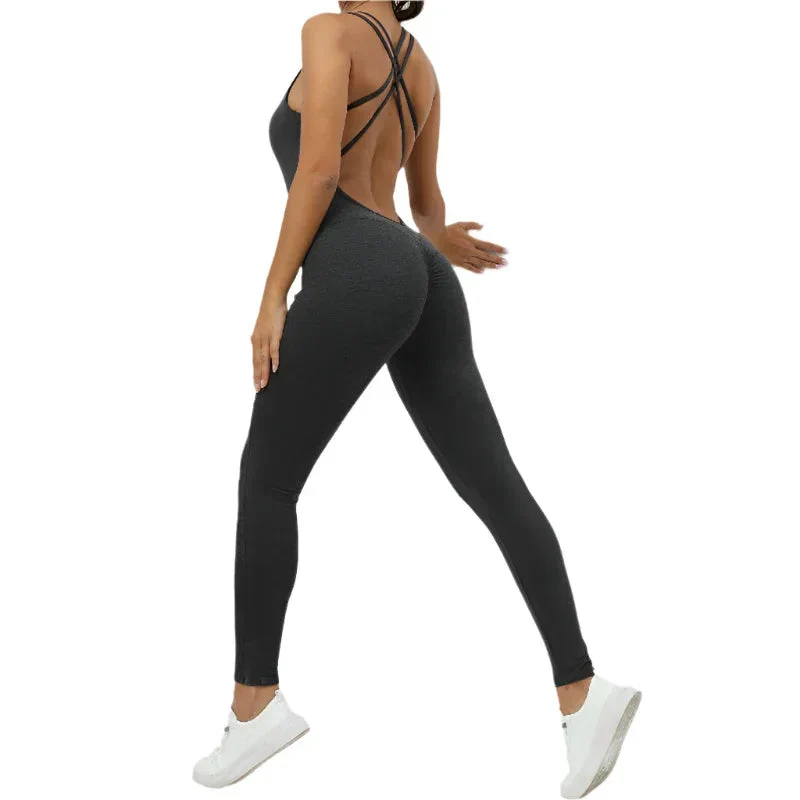 Yoga Jumpsuit With Cross-Strap Back Design Quick-Drying Tight-Fitting Running Sports Fitness Womens Gym Clothing