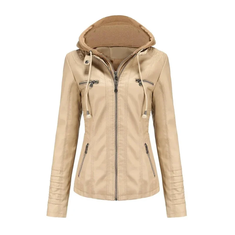 Detachable Two-Piece Hooded Leather Jacket For Women