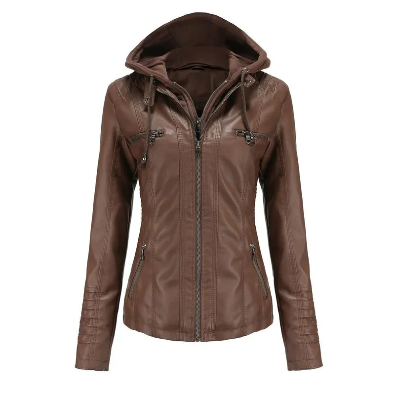 Detachable Two-Piece Hooded Leather Jacket For Women