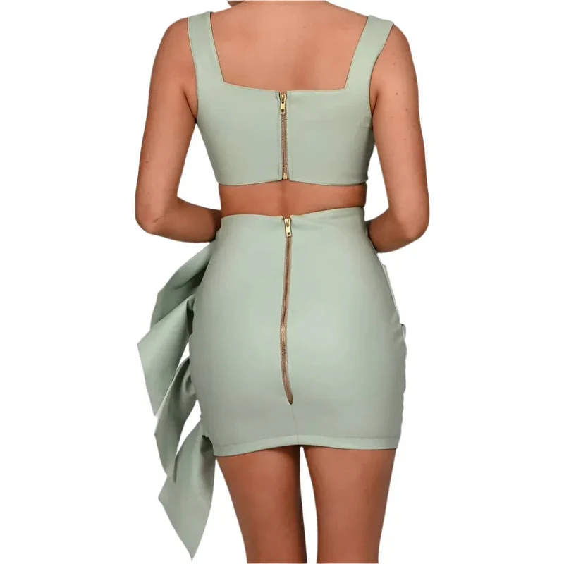 Synthetic Leather Crop Top And Skirt Two Piece Clothing Set