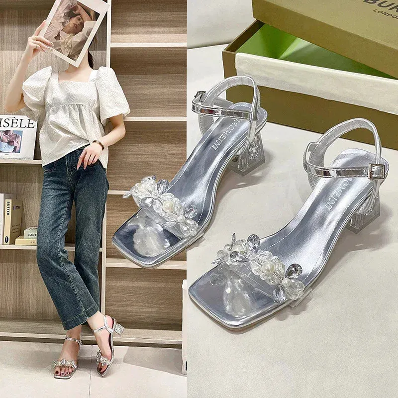 Chunky Heel Rhinestone One-Strap Outdoor High Heels Sandals
