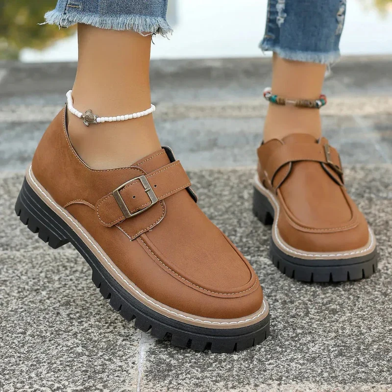Fashionable Buckle Loafers For Women British Style Height-Increasing Thick-Soled Casual Shoes