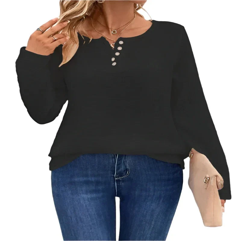 Women's Comfortable Long Sleeve Button Pullover Top T-Shirt