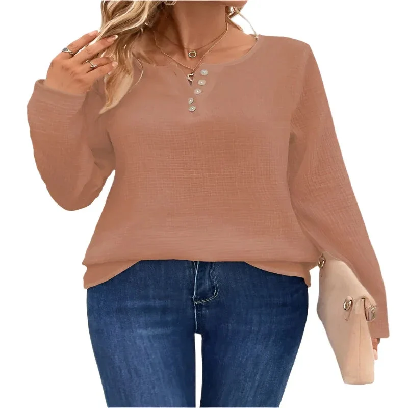 Women's Comfortable Long Sleeve Button Pullover Top T-Shirt