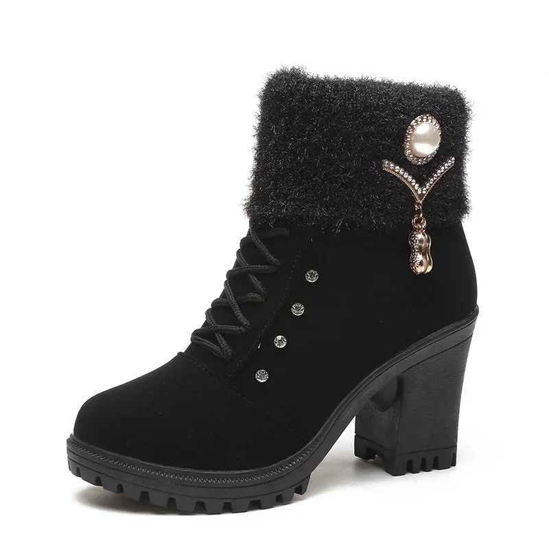Women's Chunky Heel Lace-Up Rhinestone Martin boots