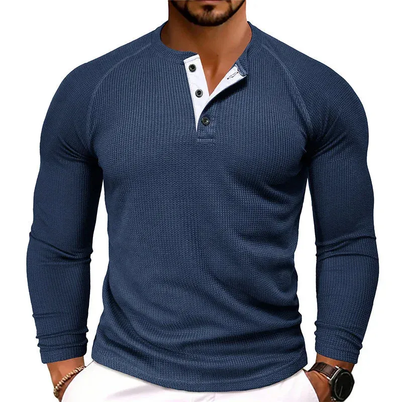 Men's Round Neck Waffle Casual Buttoned Long Sleeve T-Shirt