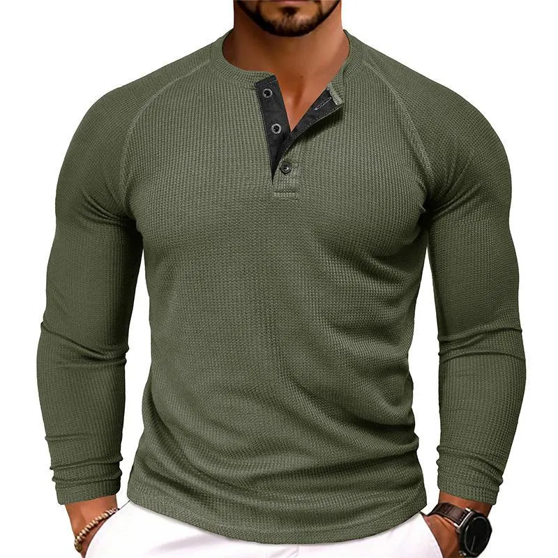 Men's Round Neck Waffle Casual Buttoned Long Sleeve T-Shirt