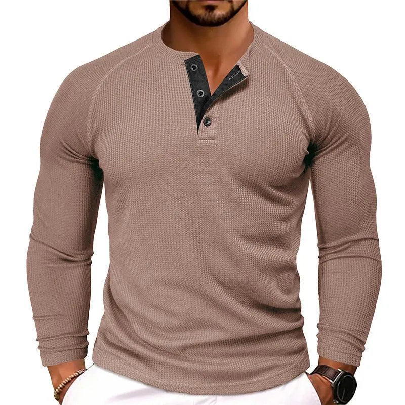 Men's Round Neck Waffle Casual Buttoned Long Sleeve T-Shirt