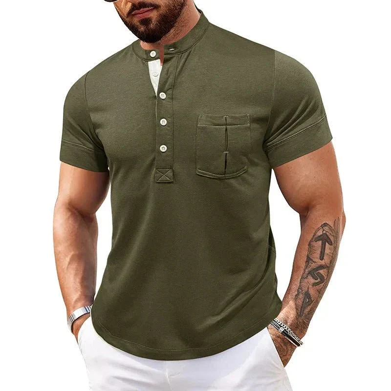 Men's Round Neck Short Sleeve Chest Pocket Polo Shirt