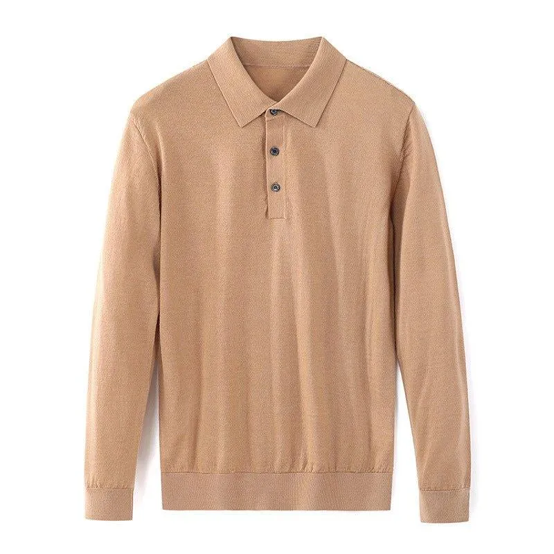 Men's Fine Knitted Long Sleeve Wool Polo Shirt