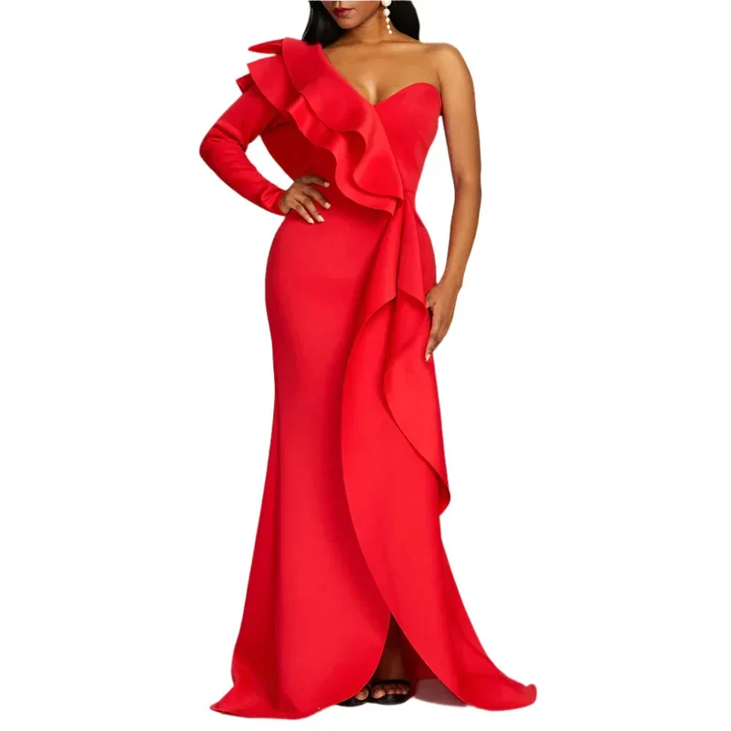 Solid Color Mid-Length Long Skirt High-Waisted Chest-Wrapped Ruffle Gown