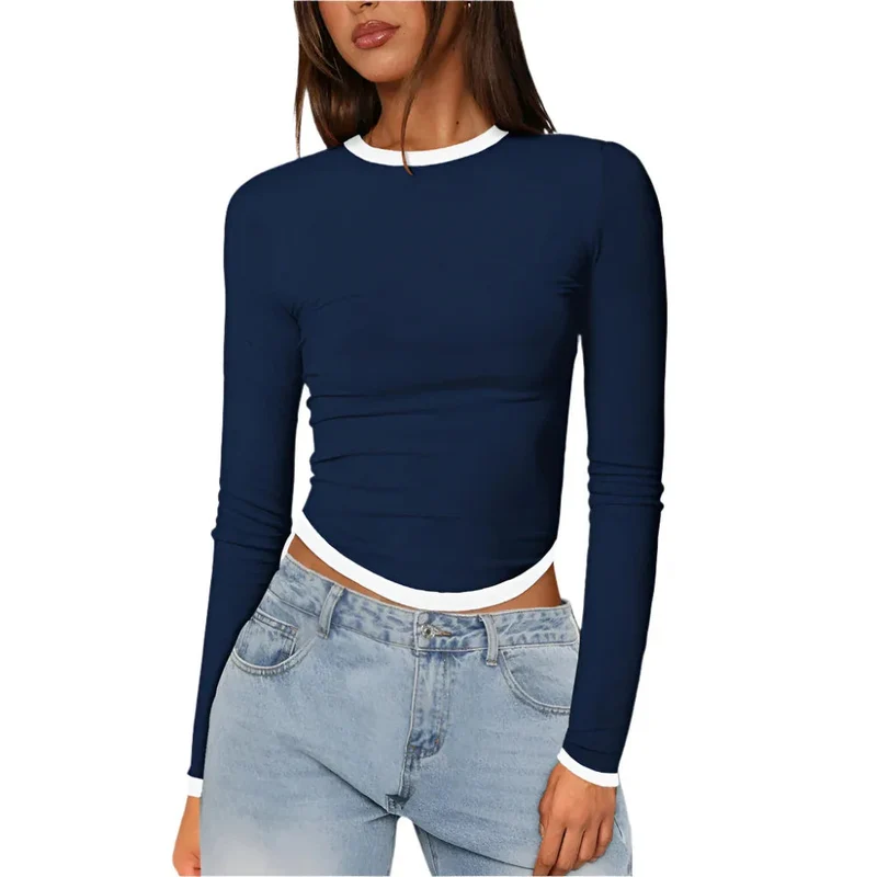 Women's Long-Sleeved Round Neck Slim-Fit Contrast Colors Short Pullover Top T-Shirt