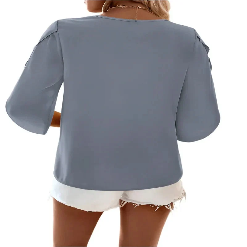 Solid Asymmetrical Neck Petal Sleeve Blouse Top For Women