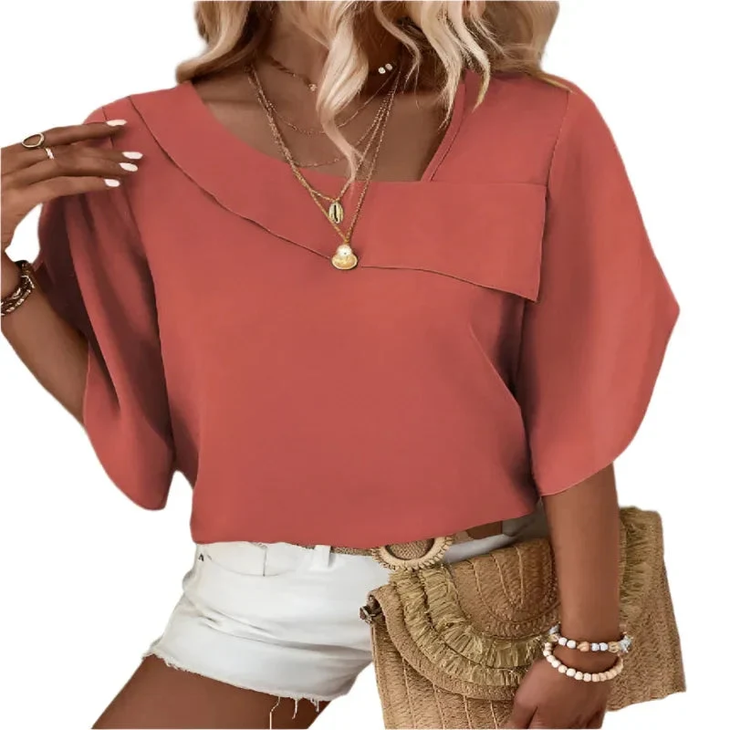 Solid Asymmetrical Neck Petal Sleeve Blouse Top For Women