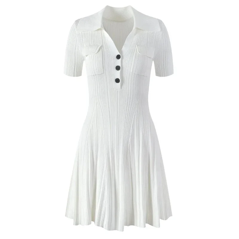 French Retro Solid Color Polo Collar Waist Slimming And Short A- Line Dress