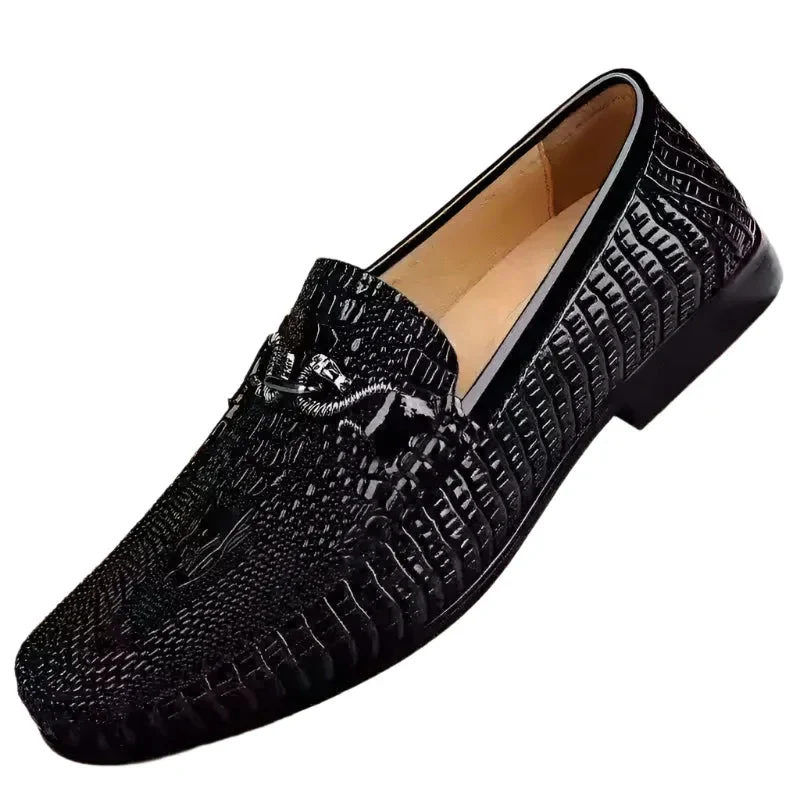 Slip-On Snake Pattern Embossed Leather Loafers Flat Driving Casual Leather Shoes
