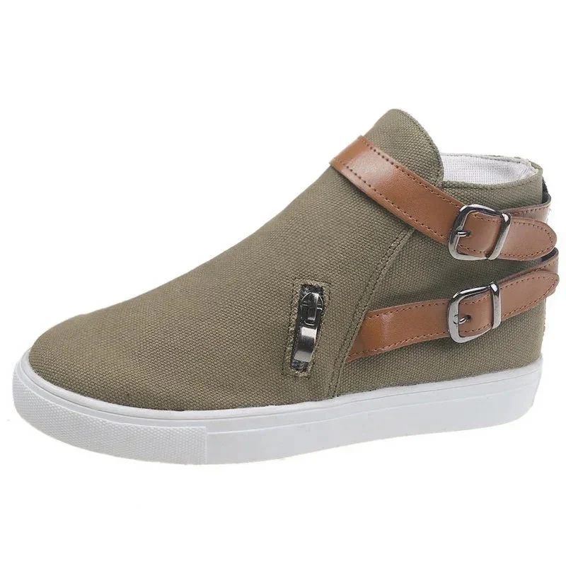 Women's Shoes Side Zipper Double Buckle Canvas Sneakers