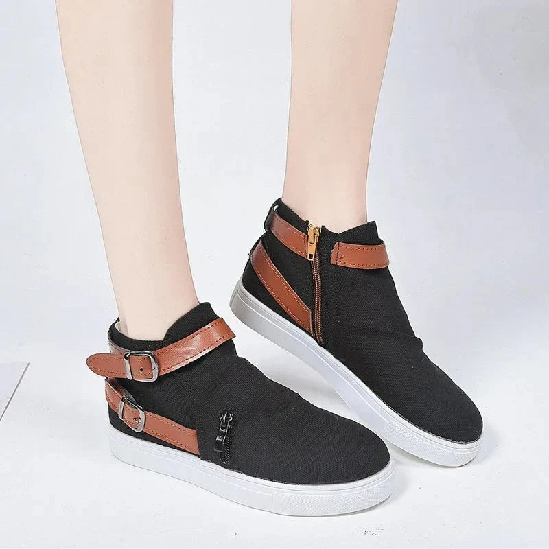 Women's Shoes Side Zipper Double Buckle Canvas Sneakers