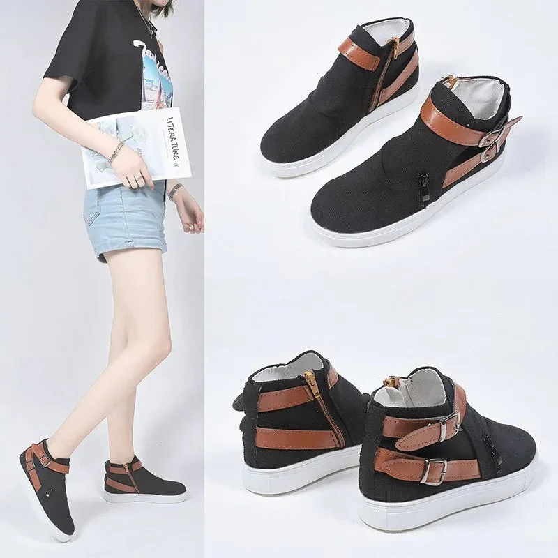 Women's Shoes Side Zipper Double Buckle Canvas Sneakers