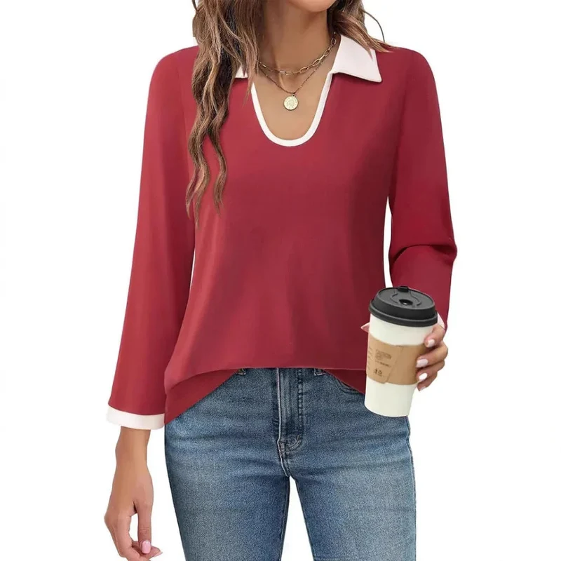 Color Matching Lapel Collar Long Sleeve Top T-Shirt For Women