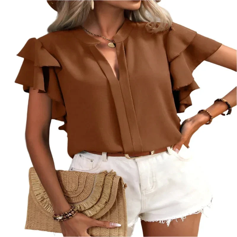 Casual Summer V-Neck Solid Color Shirt Top