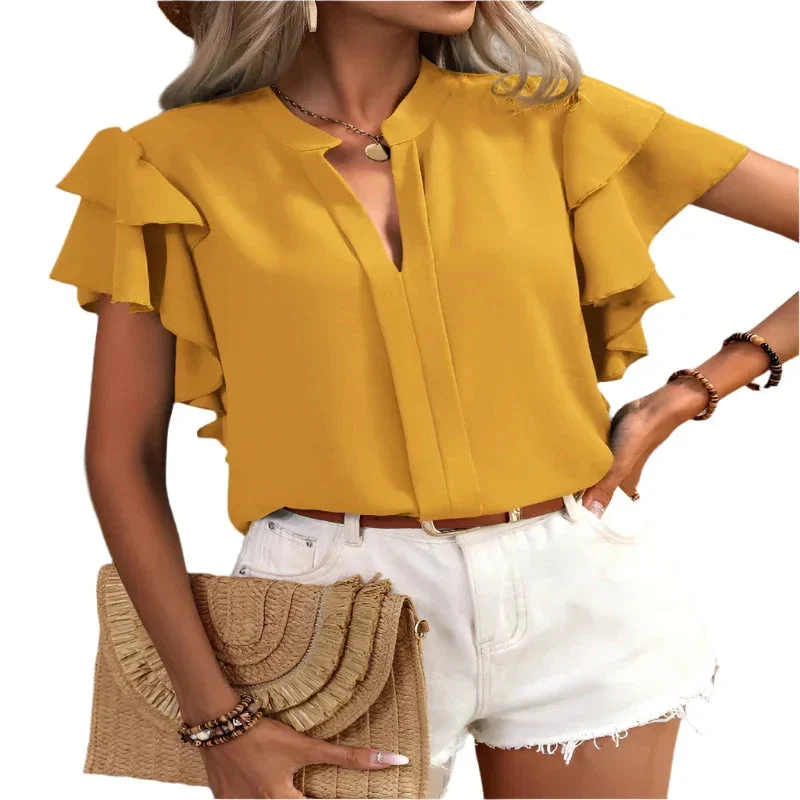 Casual Summer V-Neck Solid Color Shirt Top