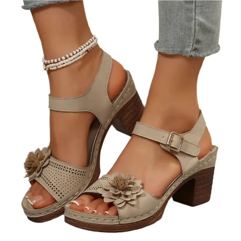 Women's Flowers Chunky Heel Sandals Summer Plus Size Platform Shoes