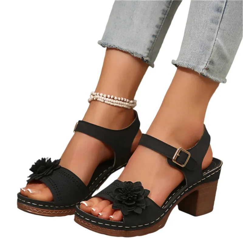 Women's Flowers Chunky Heel Sandals Summer Plus Size Platform Shoes
